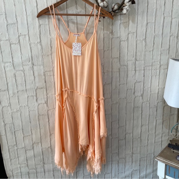 Free People Intimately Boho Shredded Raw Hem Slip Dress Coral sands Sz S NWT! - Picture 4 of 9